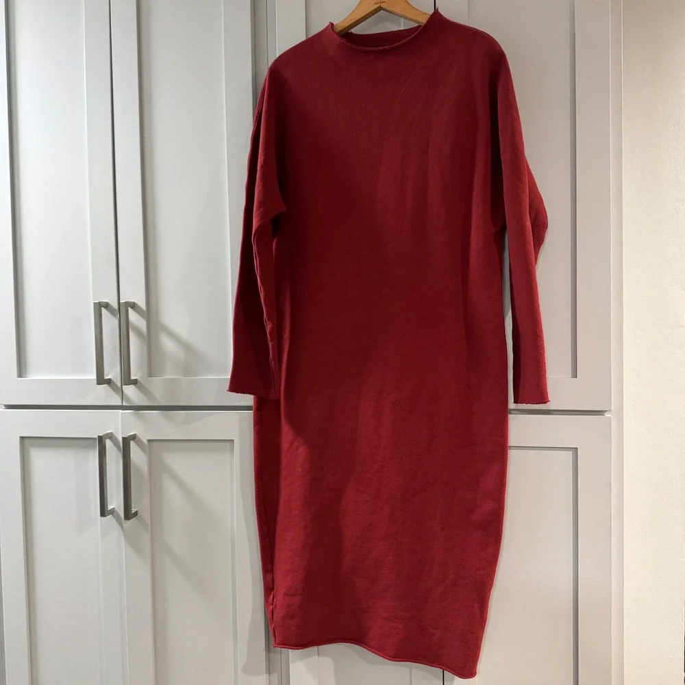 Frank & Eileen Isabelle Funnel Neck Dress Cranberry Red Fleece Midi Medium - Picture 2 of 7